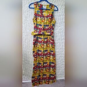 Vintage print dress midi button down front with pockets and belt medium.